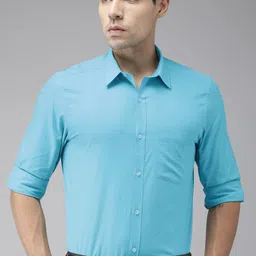 Turtle Men Turquoise Blue Relaxed Slim Fit Solid Formal Shirt-image-6