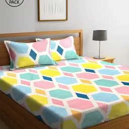 KLOTTHE Set Of 2 White & Blue Geometric 210 TC Cotton King Bedsheets with 4 Pillow Covers-3