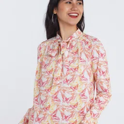 Zink London Off White Floral Print Mandarin Collar Blouson Top-image-98