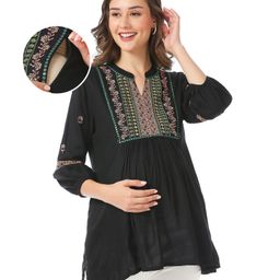 Bella Mama Woven Three Fourth Sleeves Embroidered Yoke  Maternity Top with Pocket - Black-image-3