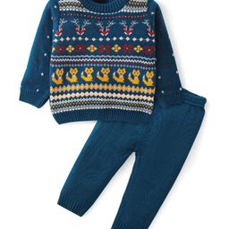Babyhug Knitted Full Sleeves Sweater Set with Aztec Design - Blue-image-8