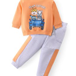 Babyhug Cotton Knit Full Sleeves T-Shirt & Lounge Pants Set With Animals Safari Print - Orange-image-64