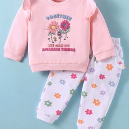 ToffyHouse Cotton Knit Full Sleeves Top & Legging Set With Text & Floral Print - Pink-image-81