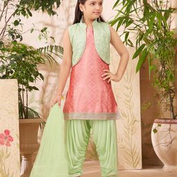 Aarika Brocade Sleeveless Abstract Foil Printed & Sequins Embellished Kurta Patiala With Dupatta & Jacket Set - Pink & Sea Green-image-2