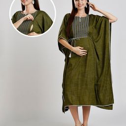 Dummy Shape Three Fourth Sleeves Abstract Embroidered Stretchable Maternity Kaftan Kurta With Attached Dori Belt & Concealed Zipper Nursing Access - Olive Green-picture-7