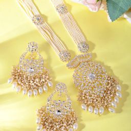 VALLEY OF JEWELLERY -Gold Plated Wedding Pearl Jewellery Set - Gold-image-24