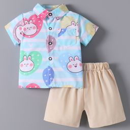 Mark & Mia Half Sleeves Shirt & Shorts Set with Bunny Print - Light Blue & Beige-image-51