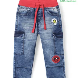 Babyoye Denim Woven Full Length Ribbed Waist Jeans with Sun & Smiley Patch Embroidery - Blue-picture-34