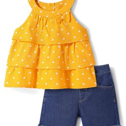 Babyhug Single Jersey Knit Sleeveless Halter Neck Top & Shorts Set with Polka Dots Print & Bow Applique - Yellow & Blue-image-62