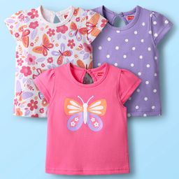 Babyhug Cotton Knit Half Sleeves T-Shirts with Butterfly & Polka Dots Print Pack of 3 - Pink Lavender & White-image-105