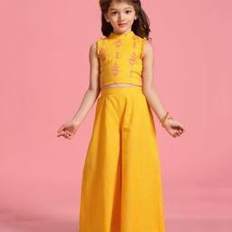 MASTARANG Cotton Frill Sleeves Floral & Chevron Printed Top & Palazzo Set - Yellow-image-59