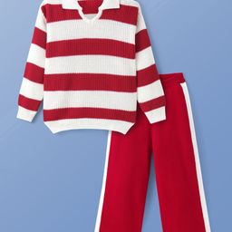 Pine Kids Knit Full Sleeves Sweater Set with Stripes - Red & White-image-85