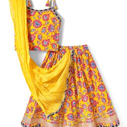 Babyhug 100% Cotton Woven Sleeveless Floral Print Lehenga Choli and Dupatta Set - Yellow-image-22