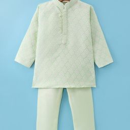Ridokidz Full Sleeves Ethnic Motif Embroidered Kurta & Pyjama Set - Pista-image-1