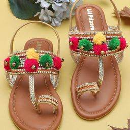 LIL PITAARA Beads Embellished Pom Pom Detailed Zari Kolhapuri Sandals - Tan-image-75