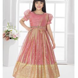 Betty By Tiny Kingdom Silk Woven Half Puffed Sleeves Floral Foil Printed & Embroidered Lace & Sequins Embellished Gown With Attached Dupatta - Peach-image-51
