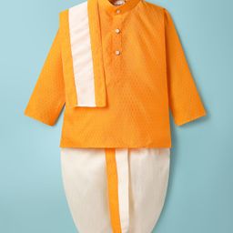 Dapper Dudes Full Sleeves Abstract Embroidered Kurta & Coordinating Dhoti With Angavastram Set - Gold-picture-46