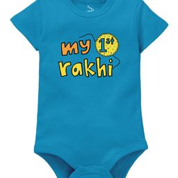 Zeezeezoo 100% Cotton Knit Rakshabandhan Theme Half Sleeves My 1st Rakhi Text Printed Onesie - Blue-image-18