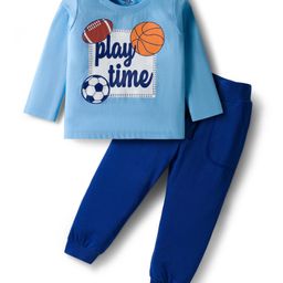 Doodle Poodle 100% Cotton Single Jersey Knit Full Sleeves T-Shirt & Lounge Pant Set With Text Print - Aqua-picture-22