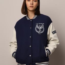 ONLY Women Typography Colourblocked Varsity Jacket with Patchwork-20