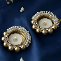 Aura White & Gold-Toned 2 Pieces Stone And Beaded Metal Candle Holders-image-52