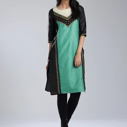 W Women Black & Sea Green Printed Straight Kurta-image-98
