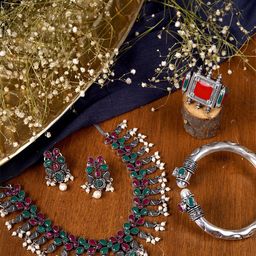 TEEJH Silver-Toned & Pink Stone-Studded & Beaded Oxidised Jewellery Set-image-16