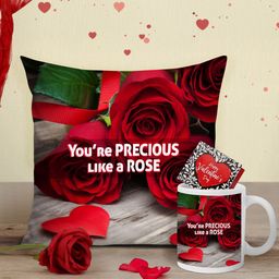 Tied Ribbons Grey & Red Valentine Cushion with Mug, Rose and Mini Card-53