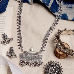 TEEJH Oxidized Silver-Plated White Stone-Studded Jewellery Set-53