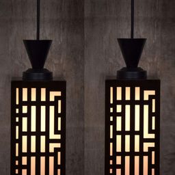 Gojeeva Black 2 Pieces Textured Contemporary Rectangle Shaped Wooden Hanging Lamp-13