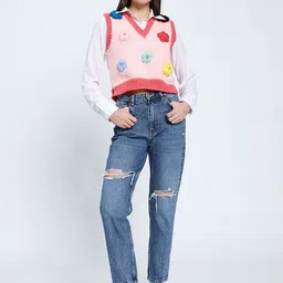 Sugercandy Peach Daisy Women Floral Woollen Pullover-image-48