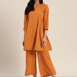 Sangria Women Rust Orange Solid Pure Cotton Kurta with Palazzos-12
