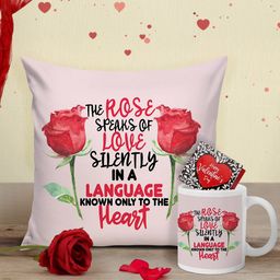 Tied Ribbons White & Red Valentine Cushion with Mug, Rose and Mini Card-55