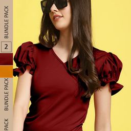 Fabflee Pack Of 2 V-Neck Puff Sleeves Regular Top-image-78