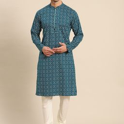 KISAH Men Teal Ethnic Motifs Printed Kurta with Churidar-picture-7