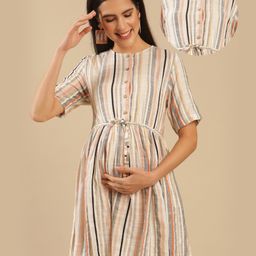 Shades Of Sabi Half Sleeves Multi Striped Maternity Shirt Dress With Drawstring - Beige-image-43