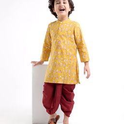 Babyhug Cotton Full Sleeves Fish Printed Kurta with Dhoti Set - Mustard-image-102