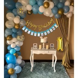 Bubble Trouble 1st Happy Birthday Decoration Items with No.1 Gold Foil Light Confetti Balloons & Monthly Banner Birthday Decorations Party Props Combo Pack Of 89 - Multicolour-21