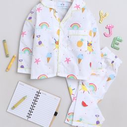 Knitting Doodles Premium Cotton Full SleevesRainbow & Ice Cream PrintedCoordinating Night Suit - White-image-79
