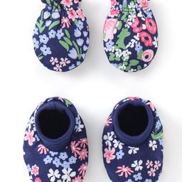 Babyhug 100% Cotton Knit Mitten & Booties Floral Print - Navy Blue-image-71