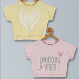 Plum Tree Pack Of 2 Half Sleeves Floral & Unicorn Text Printed Tops - Yellow & Pink-picture-15
