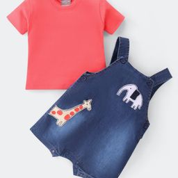Little Kangaroos 100% Cotton Knit Half Sleeves T-Shirt & Dungarees Set with Animal Patch - Dark Blue-picture-26