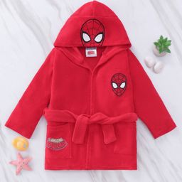Babyhug Marvel  Terry Knit Hooded Full Sleeves Bath Robe With Pockets and Spider-Man Graphics - Red-image-36