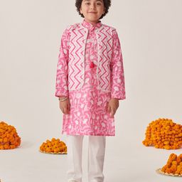 Pspeaches Full Sleeves Floral Printed Kurta & Solid Pyjama With Jacket Set - Pink-image-68