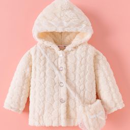 Kookie Kids Full Sleeves Hooded Winter Fur Jacket with Solid Colour & Side Purse - Cream-image-72