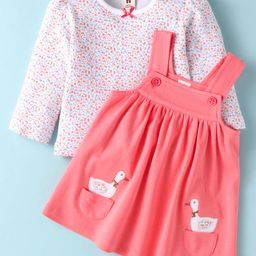 ToffyHouse 100% Cotton Knit Full Sleeves Floral Printed T-Shirt & Duck Embroidered Frock - Dark Peach-image-8