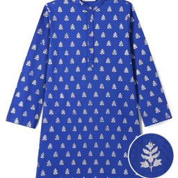 EARTHY TOUCH Single Jersey Knit Full Sleeves Foil Floral Printed Kurta- Royal Blue-image-4