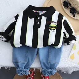 Googo Gaaga Cotton Full Sleeves Striped Sweatshirt & Trousers Set - Black-picture-21