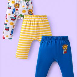 Babyhug Cotton Knit Full Length Diaper Leggings With Lion & Nautical Theme Print Pack of 3 - Blue White & Yellow-image-74