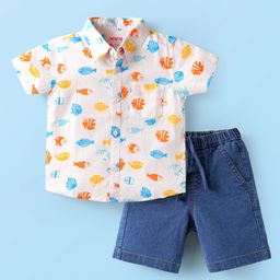 Babyhug Cotton Woven Half Sleeves Sea Life Printed Shirt & Denim Shorts -White & Blue-image-59